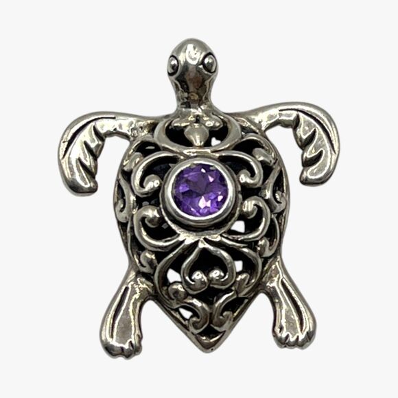 Handcrafted Sterling Silver Amethyst Turtle Pendant ATI Bali Openwork Scrollwork - Picture 1 of 7